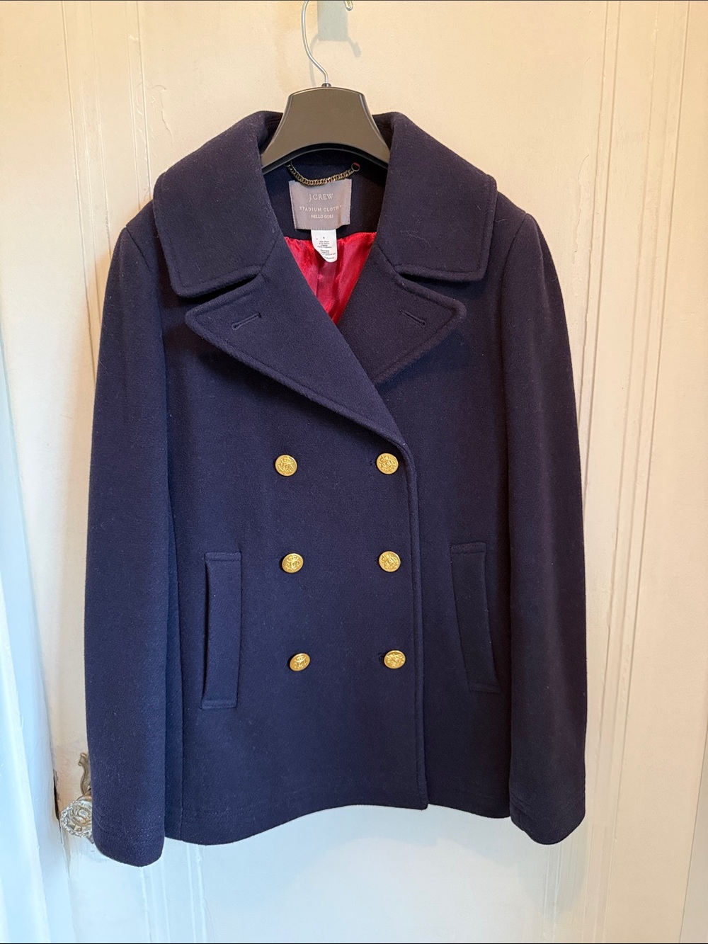 J. Crew Classic Navy Double-Breasted Stadium Cloth Peacoat with Gold Buttons